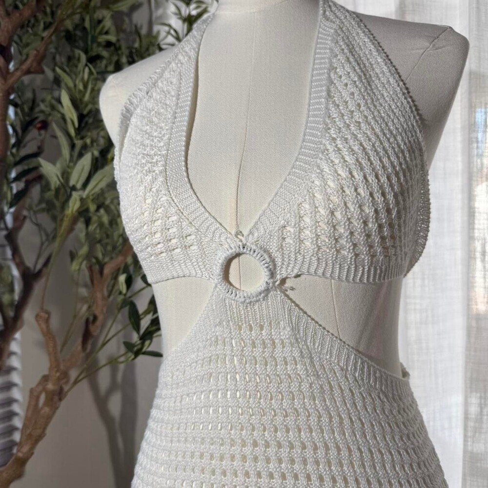 Women's White Halter Top O Ring Crochet Swim Bikini Cover up Dress Sz S